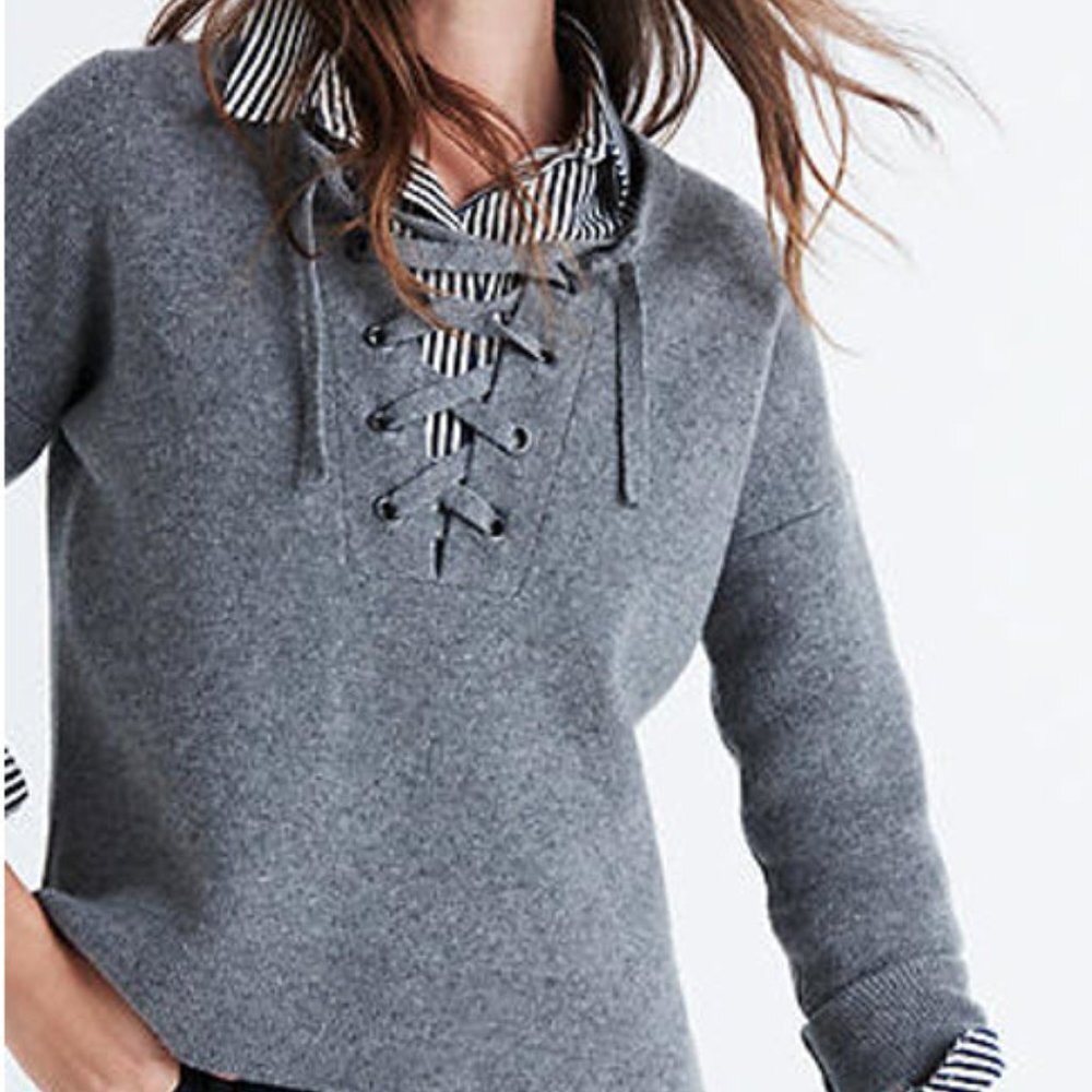 MADEWELL Gray Merino Wool Lace Up Sweater - Picture 2 of 3